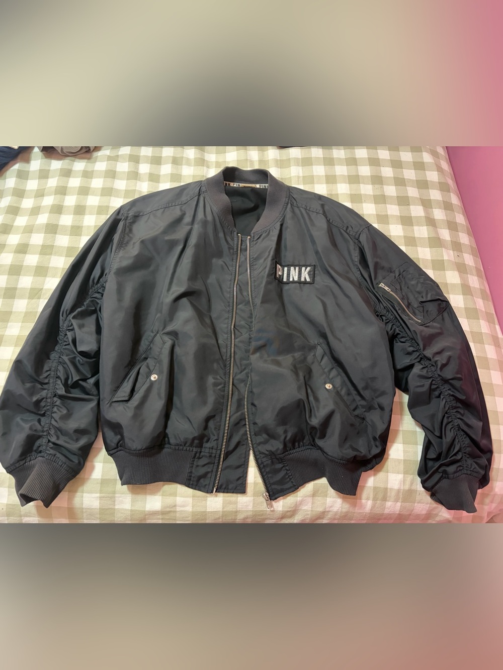 PINK Victoria's Secret Black Bomber Jacket with Chest Patch
